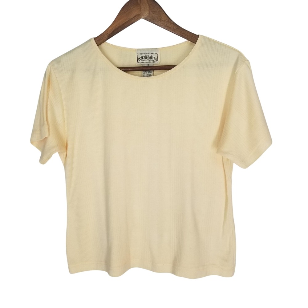 Croquet Club Womens Ribbed Short Sleeve Crew Neck Top Yellow Size L Vintage 90s